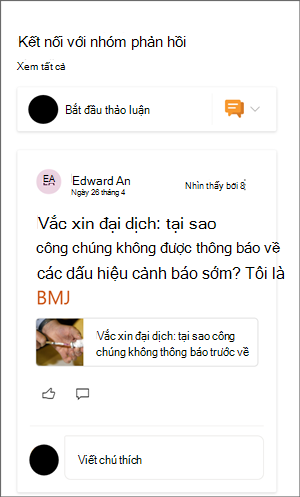 Hình ảnh của phần web yammer với một hội thoại mẫu.