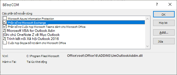 Cửa sổ phần bổ trợ Outlook coms đang mở.
