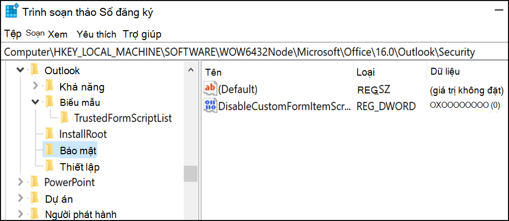 Trình soạn thảo Sổ đăng ký hiển thị khóa Bảo mật Outlook và giá trị DisableCustomFormItemScript