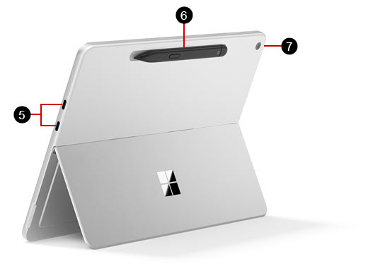 Surface Pro 12 inch với nhãn xác định cổng USB, khu vực sạc và lưu trữ bút Surface Slim cũng như camera sau.