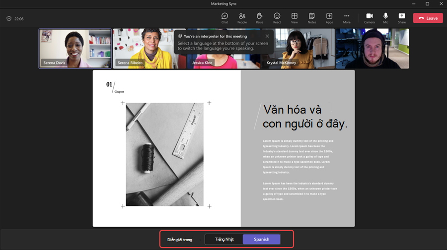 Màn hình hội thảo video hiển thị bốn người tham gia, với tùy chọn phiên dịch viên và văn bản về văn hóa và con người.