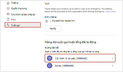 một màn hình trong Teams của menu Cài đặt