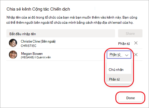Ảnh chụp màn hình hiển thị cách thay đổi một thành viên kênh thành chủ sở hữu kênh