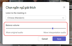 Ảnh chụp màn hình về việc kiểm soát âm lượng cân bằng ngôn ngữ giải thích trong Microsoft Teams