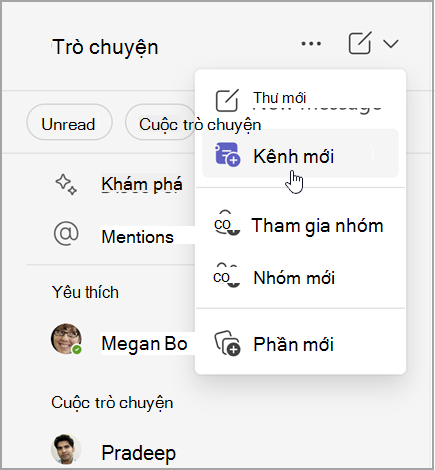 Ảnh chụp màn hình cuộc trò chuyện Microsoft Teams với các tùy chọn để tạo tin nhắn mới, kênh mới hoặc nhóm mới. Nó cũng có tùy chọn tham gia nhóm hoặc tạo phần mới.