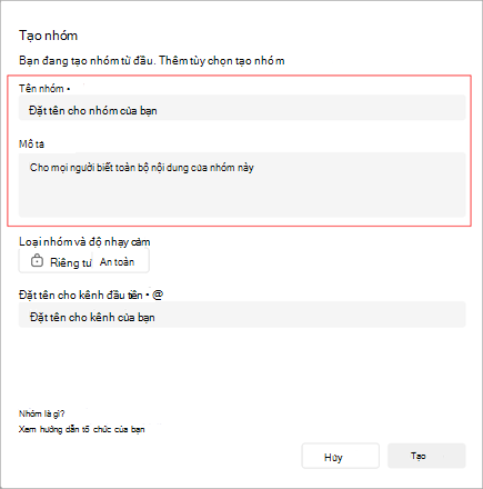 Ảnh chụp màn hình cửa sổ Tạo nhóm. Bao gồm một khu vực để thêm tên, mô tả và loại nhóm. Bạn cũng có thể tạo tên cho các kênh đầu tiên của mình.