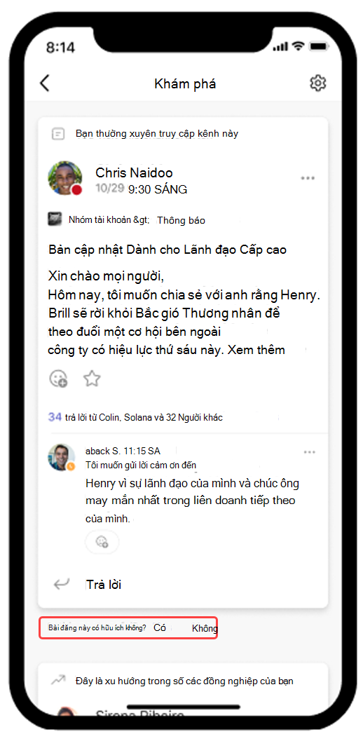 Ảnh chụp màn hình hiển thị nguồn cấp dữ liệu Khám phá Teams đang mở trong thiết bị di động