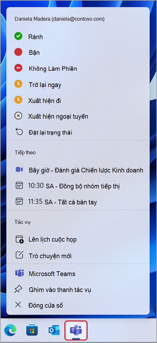 Ảnh chụp màn hình hiển thị các hành động bạn có thể thực hiện trong Teams thông qua thanh tác vụ Windows.