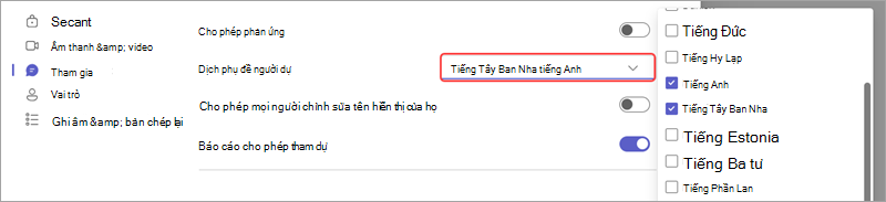 Tùy chọn cuộc họp hiển thị cách thêm ngôn ngữ cho phụ đề được dịch trực tiếp trong sự kiện.