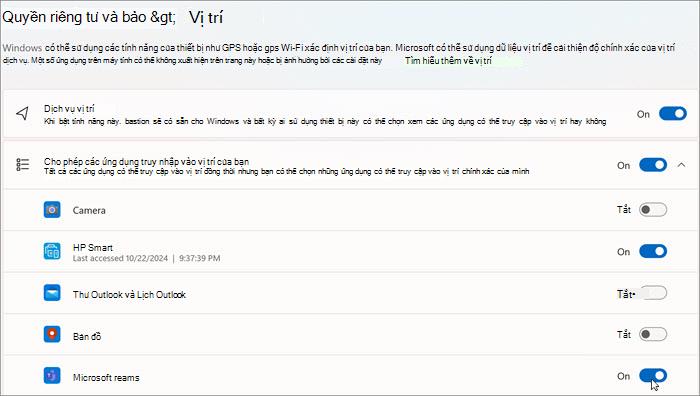 Ảnh chụp màn hình của cửa sổ cài đặt Vị trí trong Windows 11