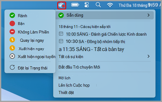 Ảnh chụp màn hình hiển thị menu hành động nhanh cho Teams trên máy Mac.