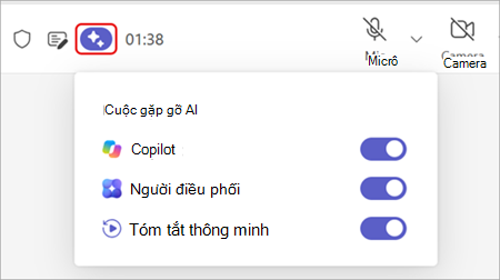 Ảnh chụp màn hình tô sáng tùy chọn AI cuộc họp ở đầu cửa sổ cuộc họp Teams