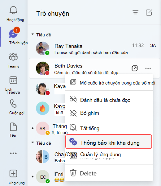 Ảnh chụp màn hình hiển thị cách được thông báo khi trạng thái của ai đó thay đổi từ cuộc trò chuyện.