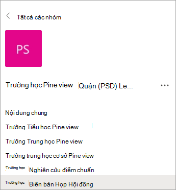 Các kênh trong nhóm Nhân viên dành cho lãnh đạo trường học.