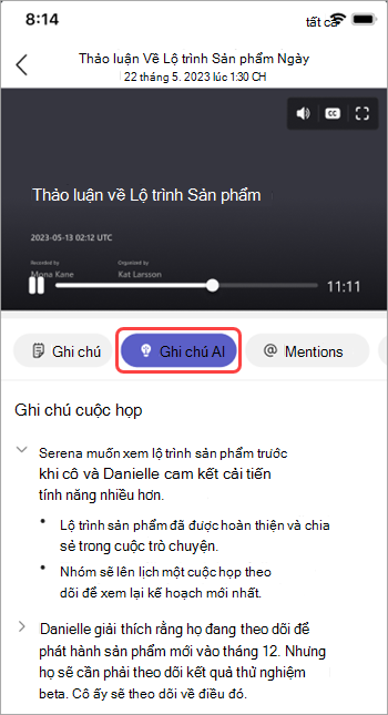 Xem các ghi chú do AI tạo trong bản tóm tắt cuộc họp Teams.
