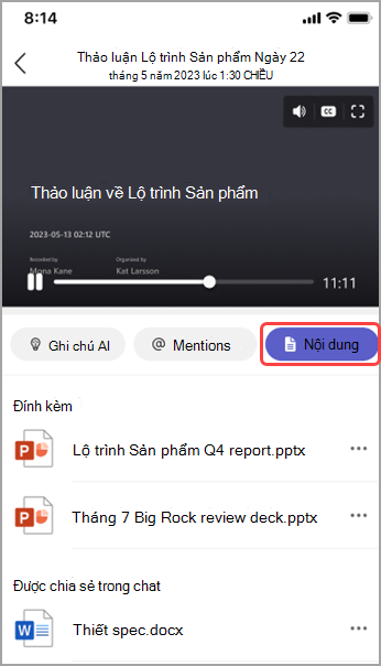 Xem nội dung được chia sẻ trong tóm tắt cuộc họp Teams.