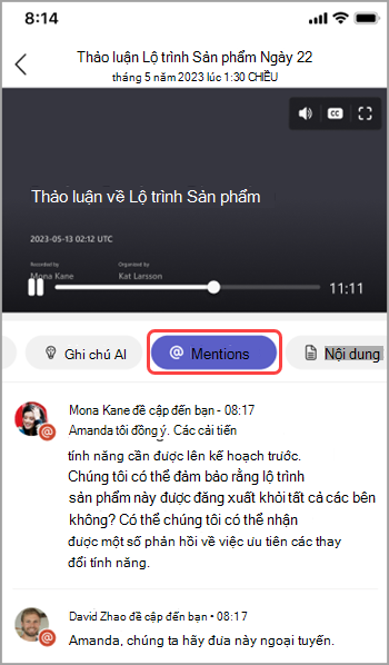 Xem đề cập đến tên trong tóm tắt cuộc họp Teams.