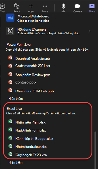 Ảnh chụp màn hình các tùy chọn chia sẻ tô sáng các tệp Excel trong cuộc họp Teams.