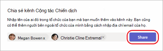 Ảnh chụp màn hình hiển thị cách chia sẻ kênh với những người bên trong và bên ngoài