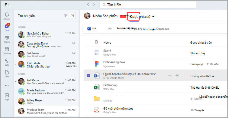 Cửa sổ trò chuyện tại nơi làm việc với các tin nhắn gần đây, các tệp được chia sẻ và thông tin chi tiết của chúng bao gồm tên, mô tả và dấu thời gian.