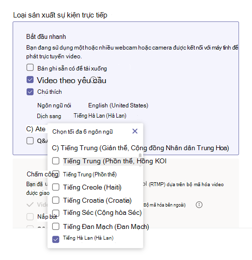 Menu ngôn ngữ sẵn dùng