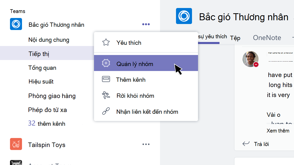 Menu nhóm khi chọn Quản lý nhóm