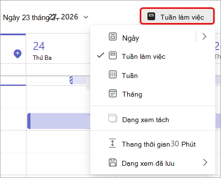 Ảnh chụp màn hình tô sáng dạng xem tuần làm việc trong lịch Teams.