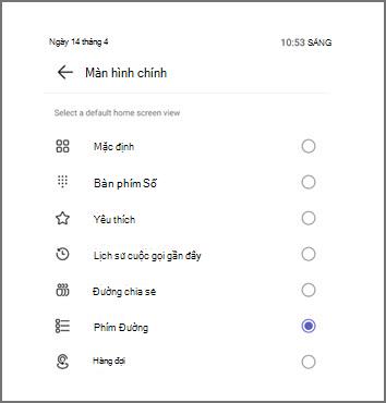Menu để chọn dạng xem màn hình chính mặc định, với Phím Dòng hiện được chọn.