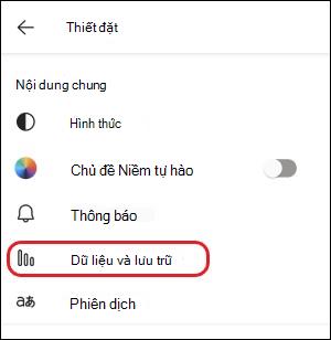 Teams-mobile-dữ liệu và cài đặt lưu trữ