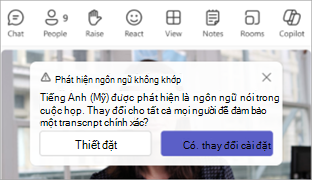 Ảnh chụp màn hình thông báo Teams nhắc cập nhật ngôn ngữ nói trong cuộc họp.