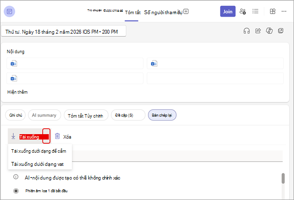 Tải xuống bản chép lại từ tab Recap trong cuộc họp của bạn.