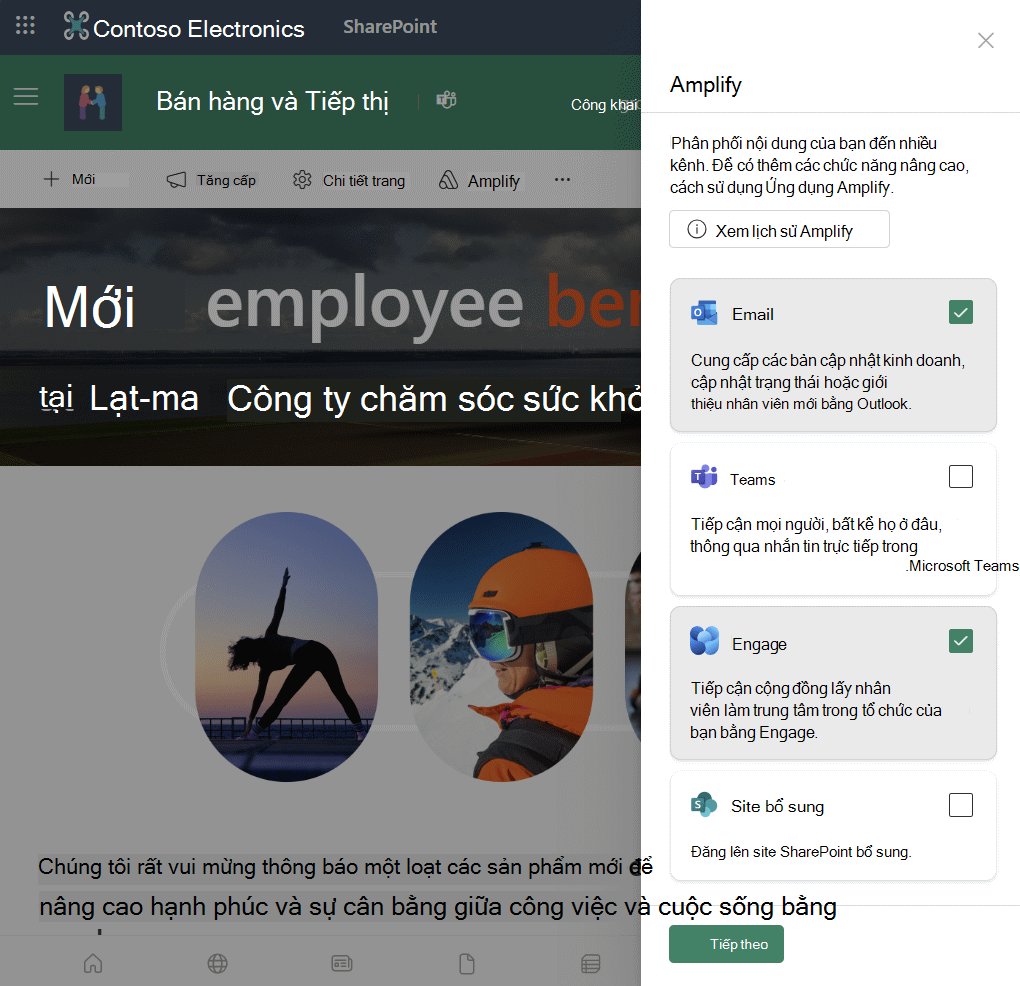 Amplify từ pa-nen SharePoint mở trên bài đăng tin tức SharePoint cho thấy bạn có thể khuếch đại đến email, Teams, Engage site bổ sung.