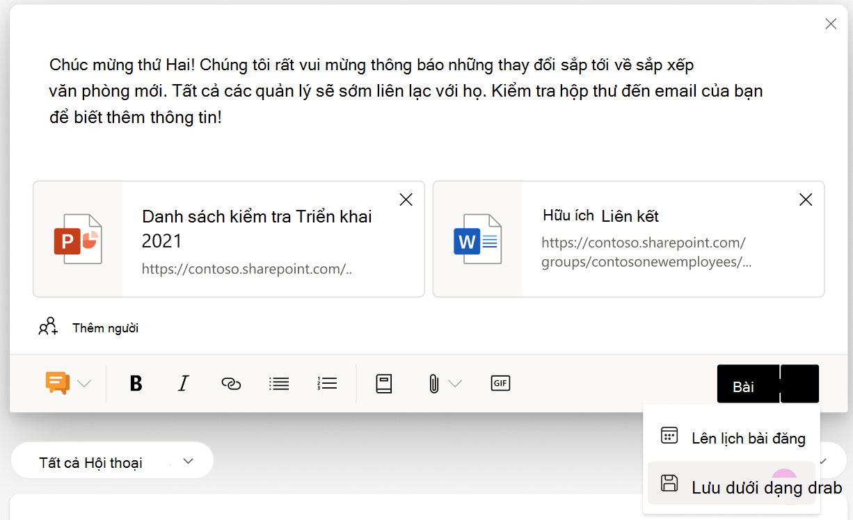 Ảnh chụp màn hình hiển thị các tùy chọn lưu và lên lịch từ menu Bài đăng.