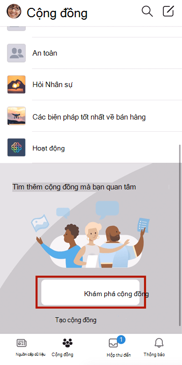 Ảnh chụp màn hình hiển thị việc tìm cộng đồng Yammer trên thiết bị di động với vùng chọn