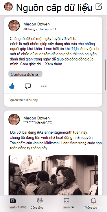Ảnh chụp màn hình hiển thị nguồn cấp dữ liệu trên ứng dụng Yammer iOS
