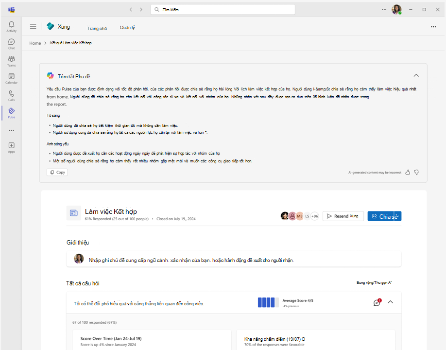 Ảnh chụp màn hình báo cáo Pulse hiển thị tóm tắt được tạo bằng Cách sử dụng Copilot