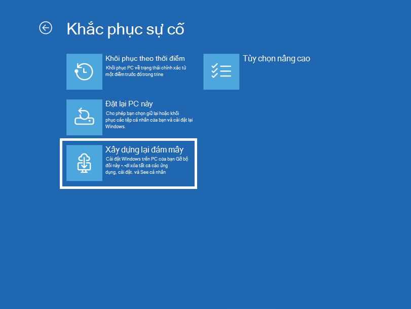 Ảnh chụp màn hình Khắc phục sự cố trong Windows RE với tính năng dựng lại đám mây được tô sáng.