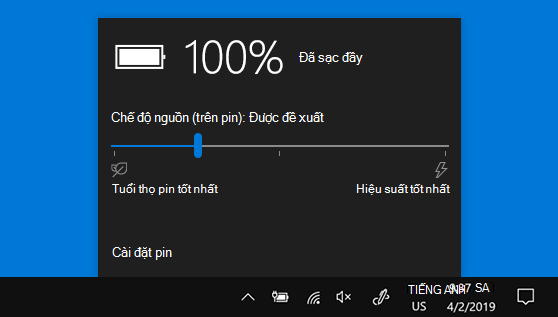 Hộp thả xuống pin Windows 10 với thanh trượt chế độ nguồn giữa Tuổi thọ pin tốt nhất và Hiệu suất tốt nhất.