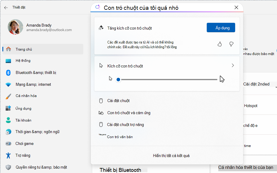 Ảnh chụp màn hình Cài đặt hiển thị tìm kiếm dựa trên AI bằng cách sử dụng trợ lý.