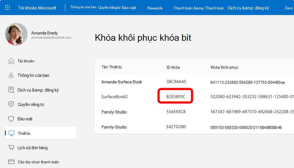 Ảnh chụp màn hình khóa khôi phục BitLocker cho tài khoản Microsoft.