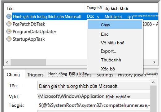 Chạy Trình định giá Tương thích của Microsoft trong Bộ lập lịch Nhiệm vụ.