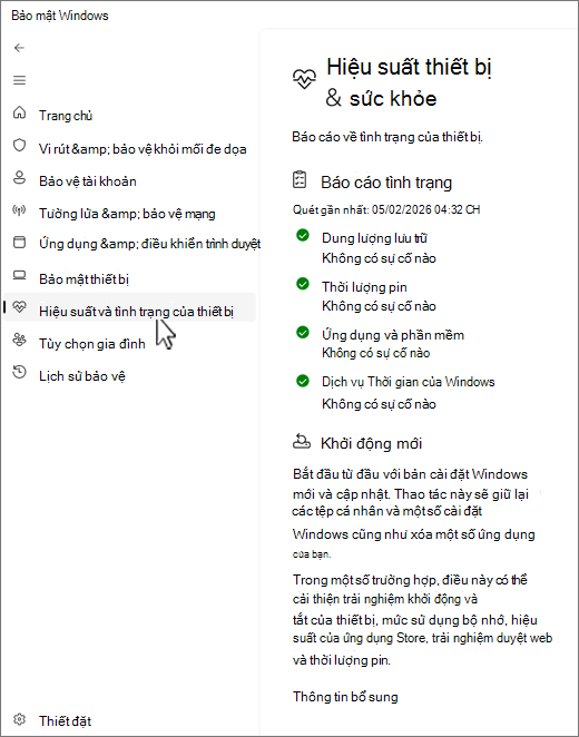 Ảnh chụp màn hình của thiết bị và trang hiệu suất của ứng Bảo mật Windows này.