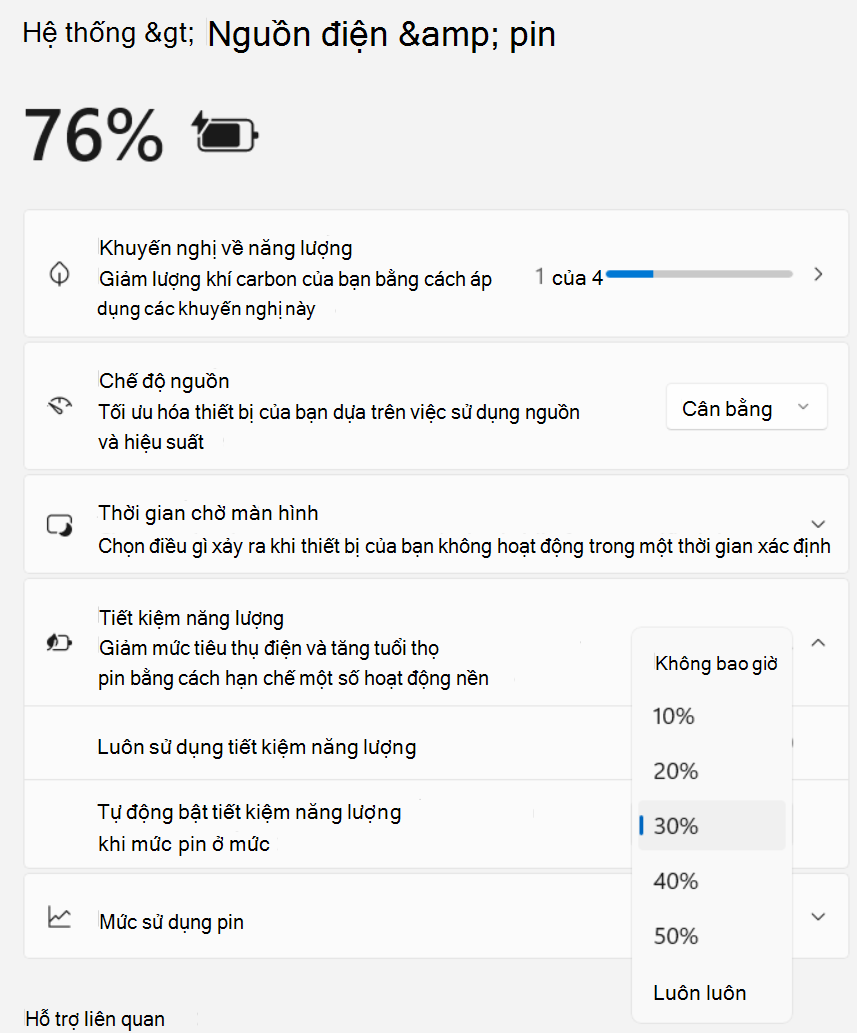 Ảnh chụp màn hình của Cài đặt > , nguồn hệ thống > và pin, > trình tiết kiệm năng lượng