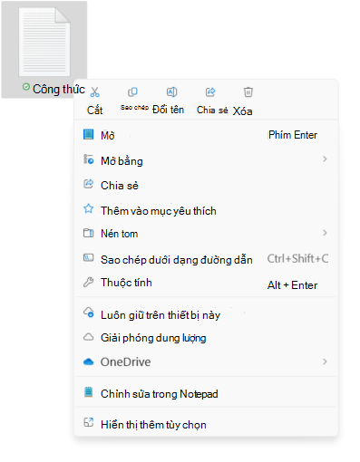 Ảnh chụp màn hình menu ngữ cảnh của tệp hiển thị các tùy chọn cắt/sao chép/đổi tên/chia sẻ/xóa mới.