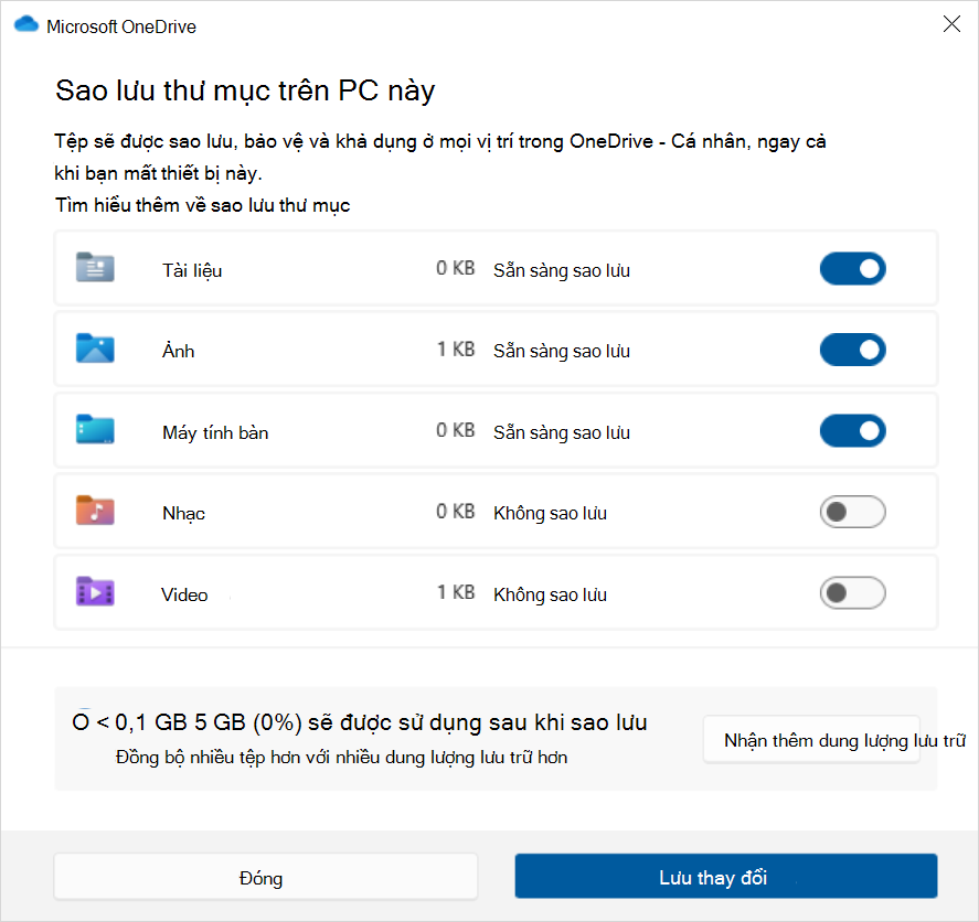 Ảnh chụp màn hình Sao lưu OneDrive trong Windows 10.