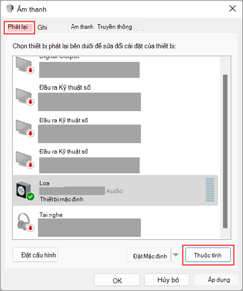 Truy nhập thuộc tính thiết bị đầu ra âm thanh Windows 11 Cài đặt Âm thanh.