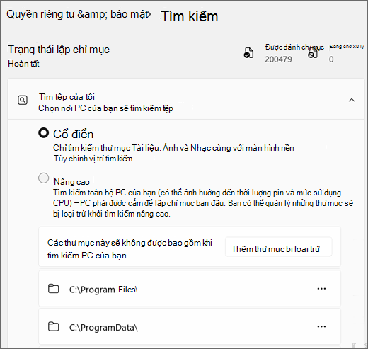 Ảnh chụp màn hình hiển thị Cài đặt Windows Search.