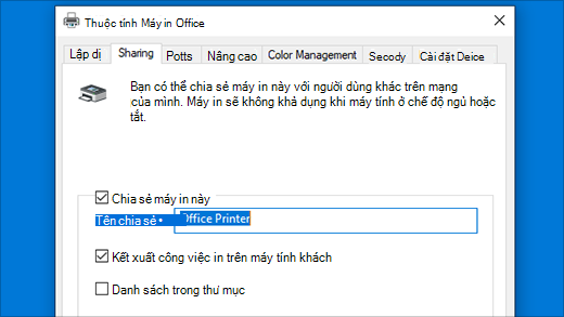 Chia sẻ máy in trong Thuộc tính Máy in