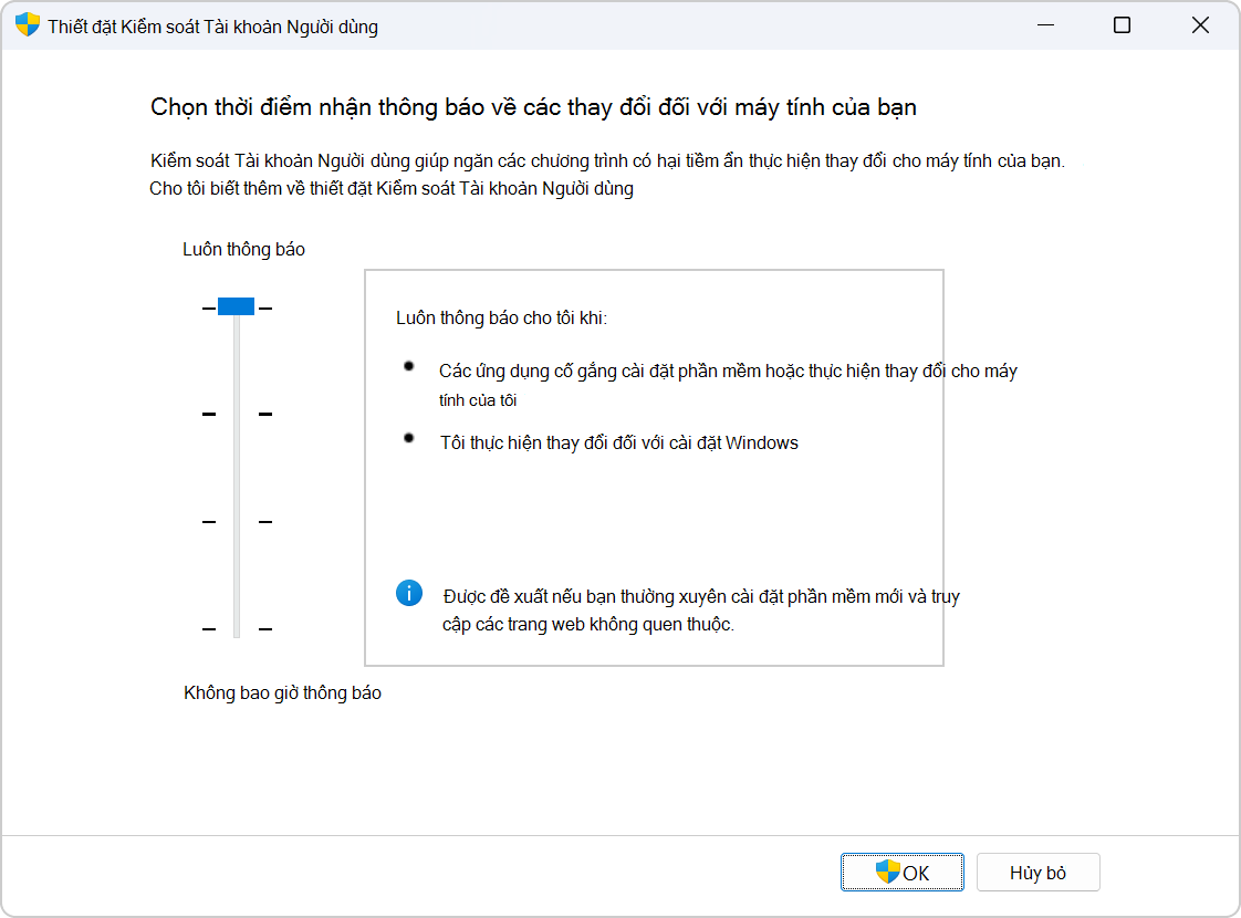 Screenshot of the settings to configure UAC.
