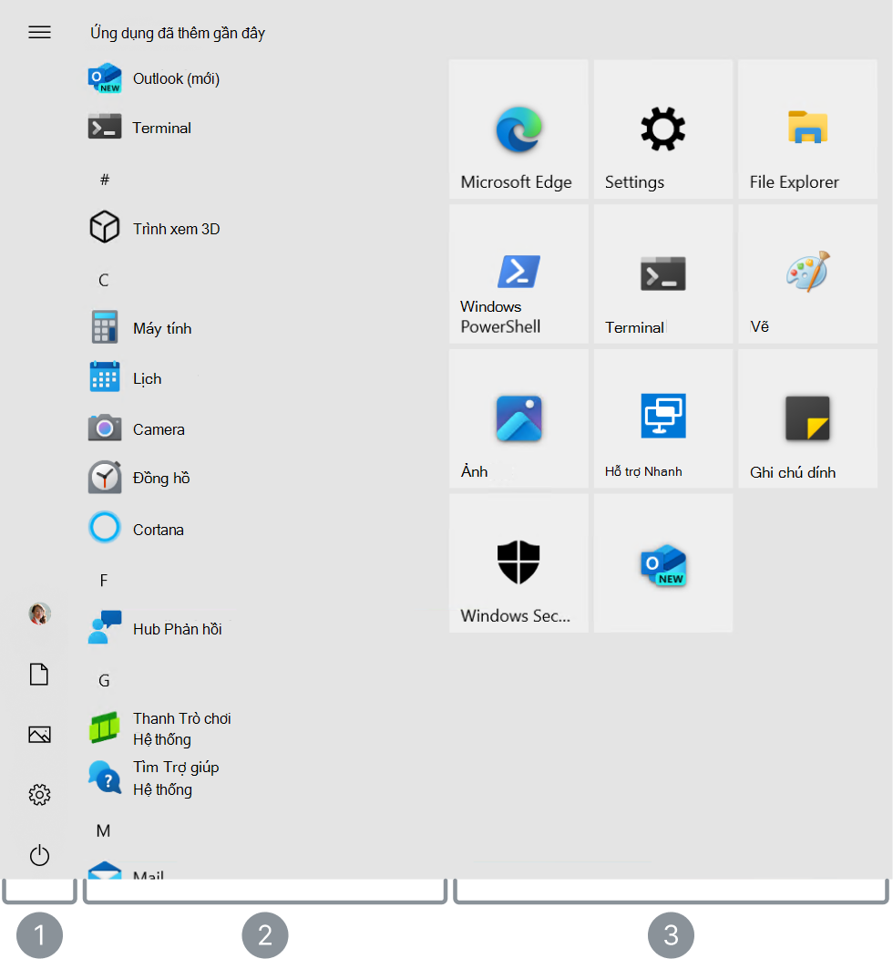 ảnh chụp màn hình Windows 10 menu Bắt đầu với 3 khu vực chính được tô sáng.